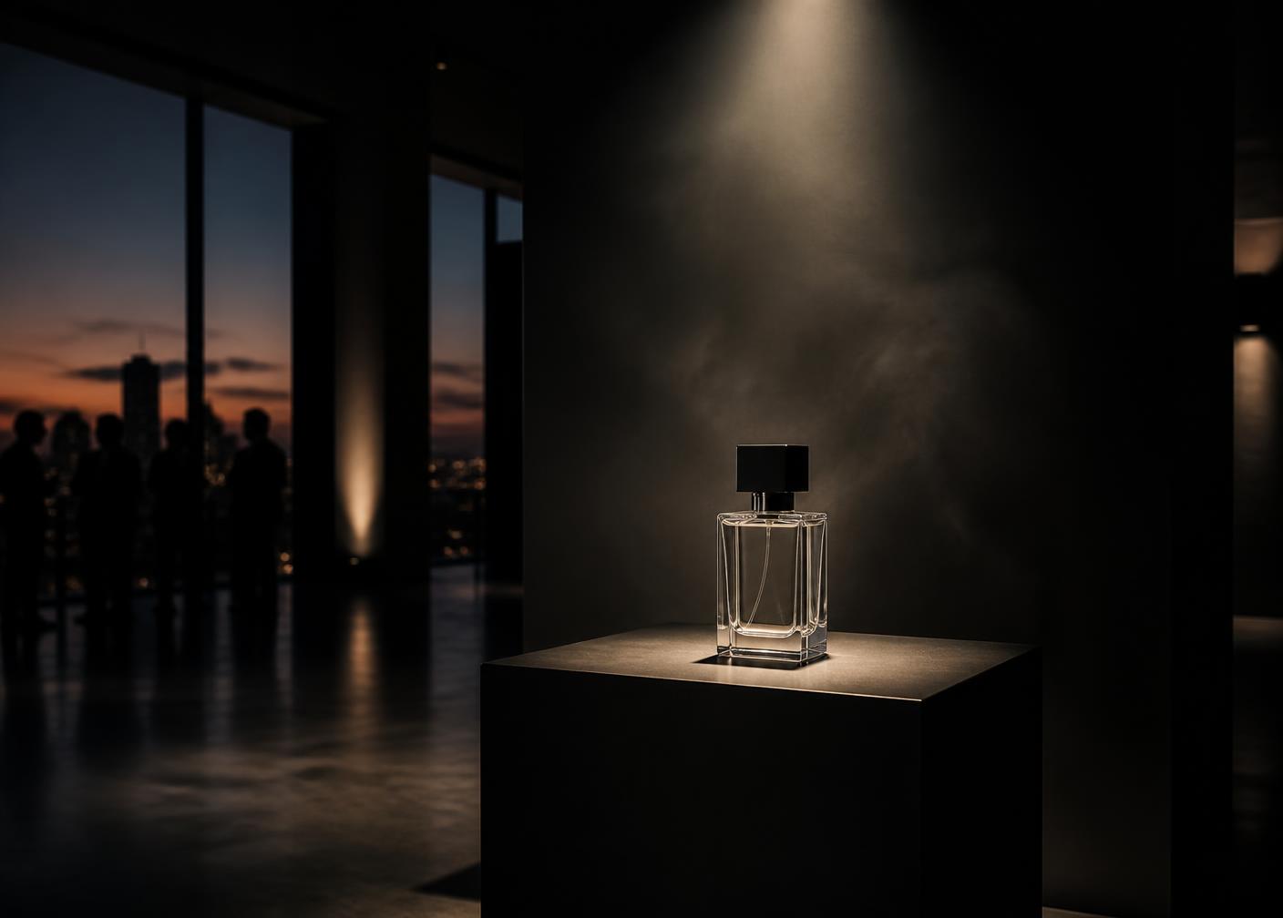 Parfymflaska på en svart pelare under en spotlight i ett mörkt eventrum